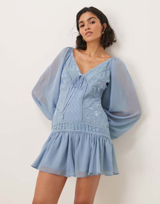 blue blouson dress Moonrising Long Sleeve Sheer Blouson Mini Dress | Blue | Womens