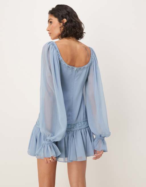 ASOS DESIGN blouson sleeve mini dress with textured & embroidery detail in blue
