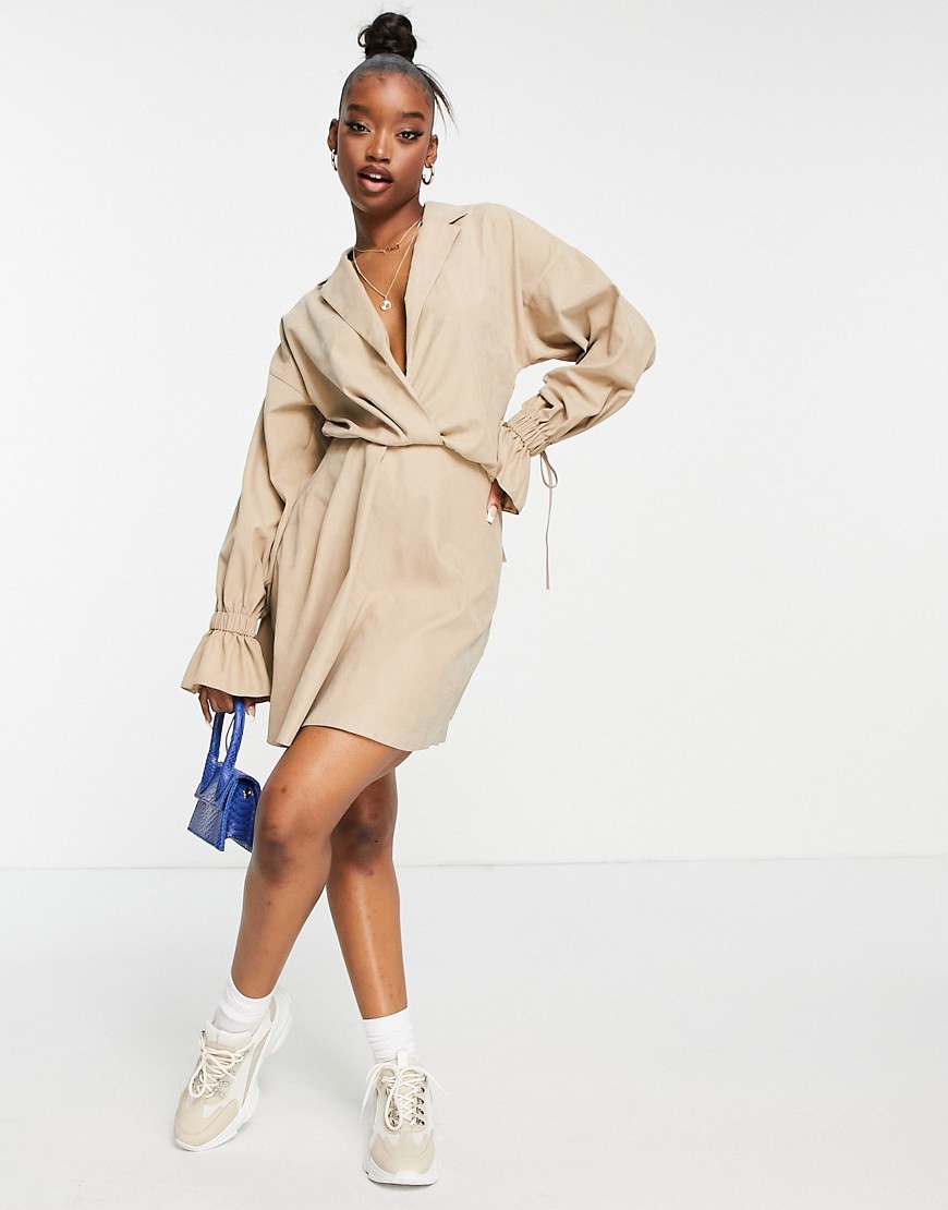 ASOS DESIGN blouson sleeve mini shirt skater dress with extreme cuffs in beige-Neutral