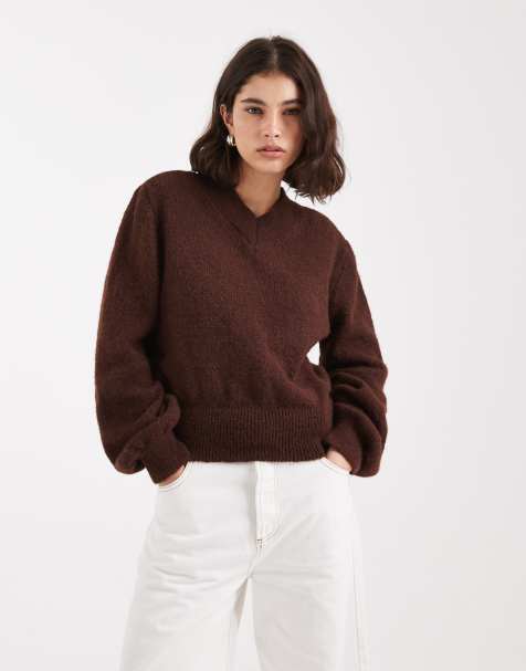 ASOS DESIGN blouson sleeve nipped waist high v jumper in chocolate - view 1