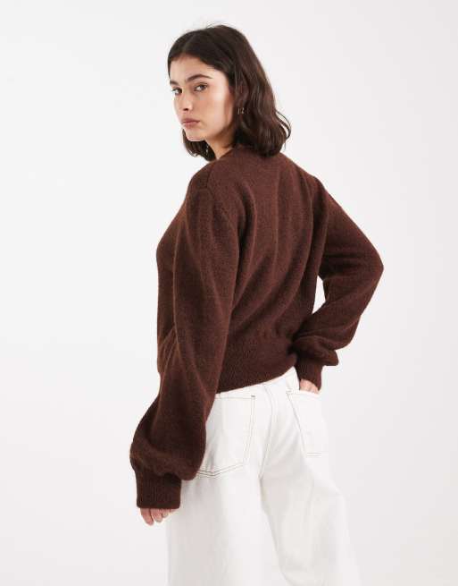 ASOS DESIGN blouson sleeve nipped waist high v jumper in chocolate, 3 of 4