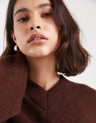 Asos Design Blouson Sleeve Nipped Waist High V Sweater In Brown