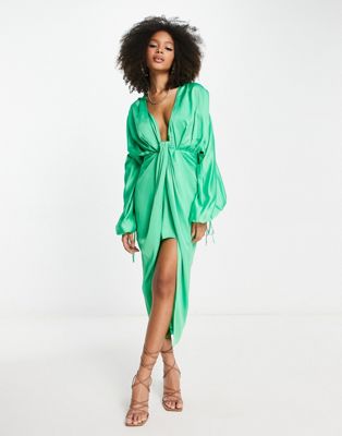 ASOS DESIGN blouson sleeve satin midi dress with drape skirt in green