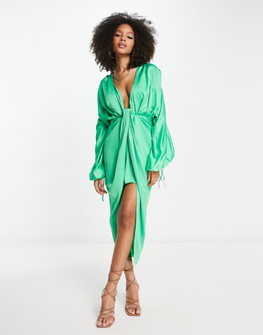 ASOS DESIGN blouson sleeve satin midi dress with drape skirt in green ...