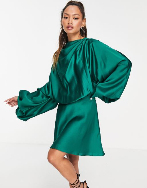 ASOS DESIGN blouson sleeve satin mini dress with open back in forest green ASOS