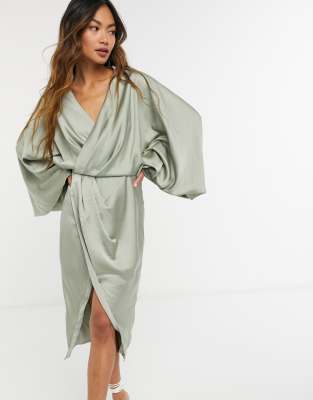 ASOS DESIGN blouson sleeve satin shirt dress with open back in olive-Green