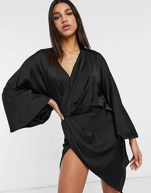 Dresses blouson sleeve satin shirt mini dress with open back in black 