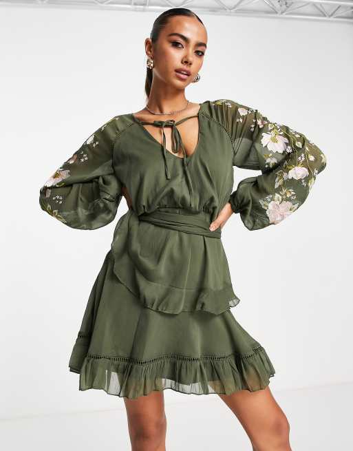 ASOS DESIGN butterfly trim cut out waist mini dress with blouson sleeves in  stone