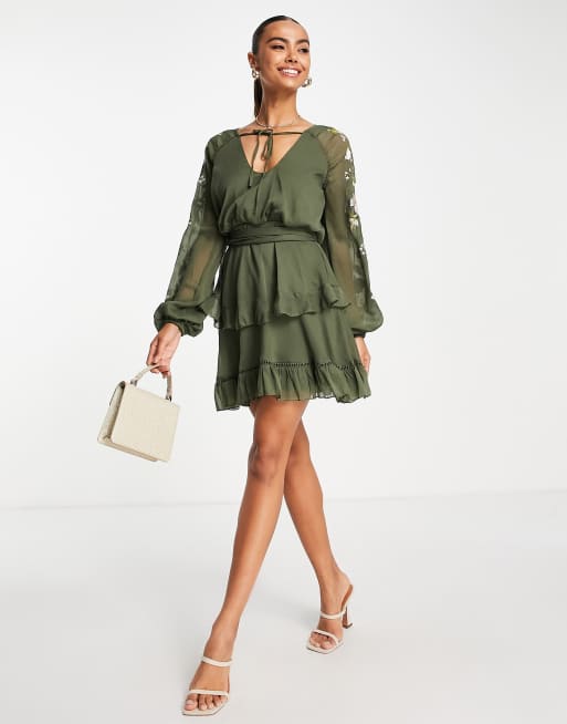 ASOS DESIGN wrap slinky blouson sleeve mini dress with collar in lime