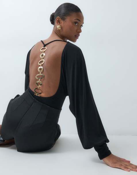 ASOS DESIGN blouson sleeve trimmed back bodysuit in black