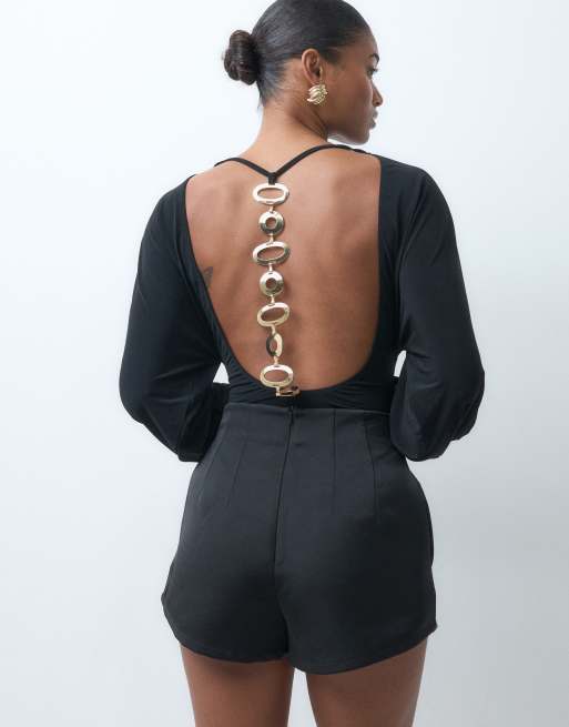ASOS DESIGN blouson sleeve trimmed back bodysuit in black, 5 of 5