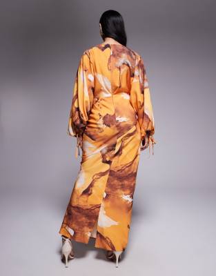ASOS DESIGN blouson sleeves tucked maxi dress with tie details in rust oversized floral