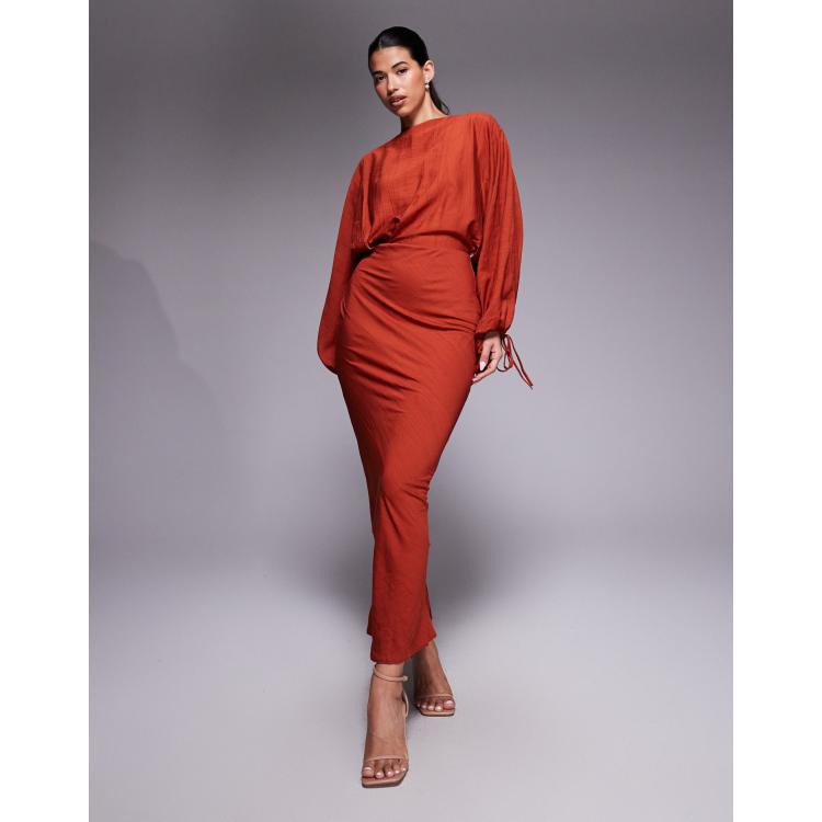 ASOS DESIGN blouson sleeve tucked maxi dress with tie detail in rust | ASOS