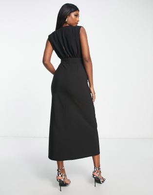 ASOS DESIGN blouson sleeveless midi dress with pocket and slit detail in  black