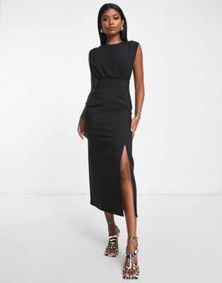 ASOS DESIGN blouson sleeveless midi dress with pocket and split detail in black