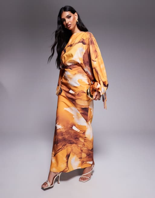 ASOS DESIGN blouson sleeves tucked maxi dress with tie details in rust oversized floral
