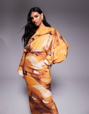 asos design blouson sleeves tucked maxi dress with tie details in rust oversized floral