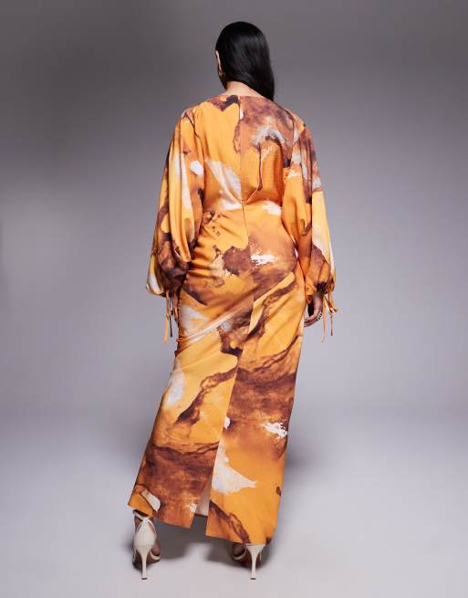 ASOS DESIGN blouson sleeves tucked maxi dress with tie details in rust oversized floral