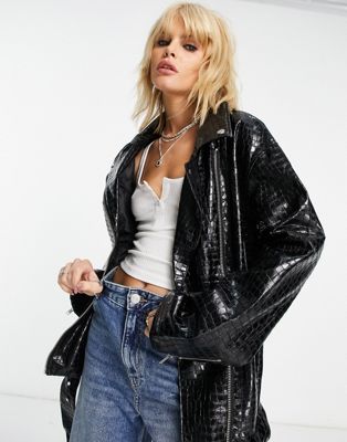 ASOS DESIGN faux leather croc longline biker jacket in black  - ASOS Price Checker