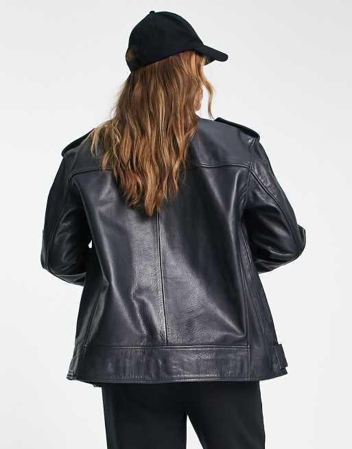 ASOS DESIGN - Blouson style motard oversize en cuir de qualité supérieure - Noir, 2 de 4