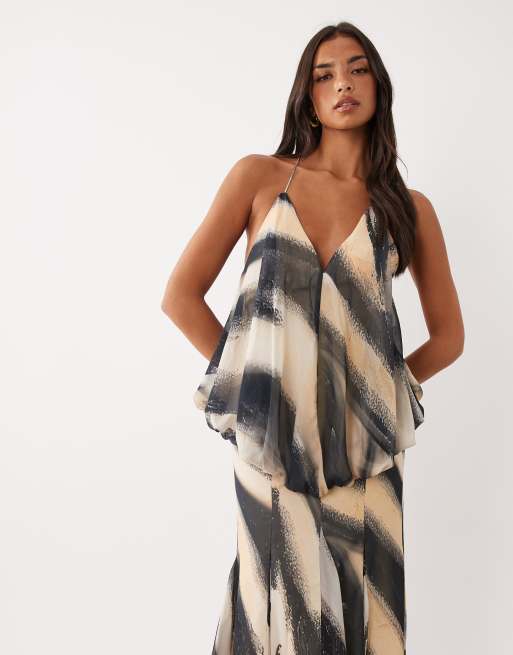 ASOS DESIGN blouson waist cami maxi dress with godets in abstract stripe print, 2 of 4