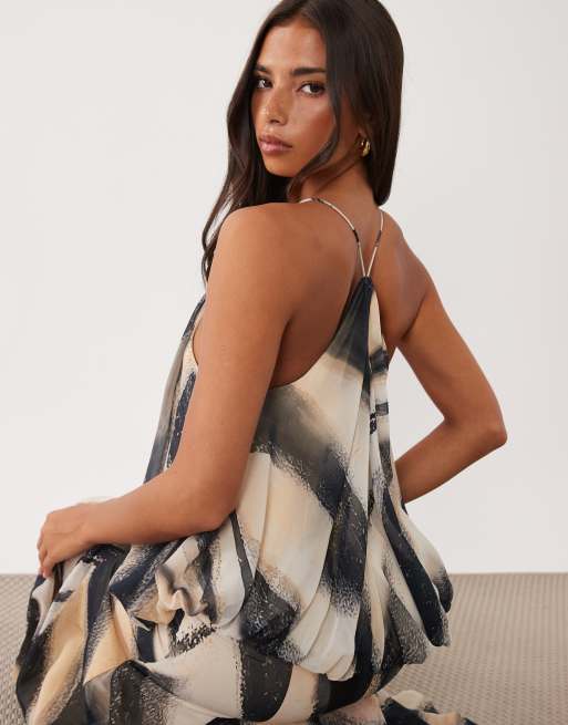 ASOS DESIGN blouson waist cami maxi dress with godets in abstract stripe print, 3 of 4