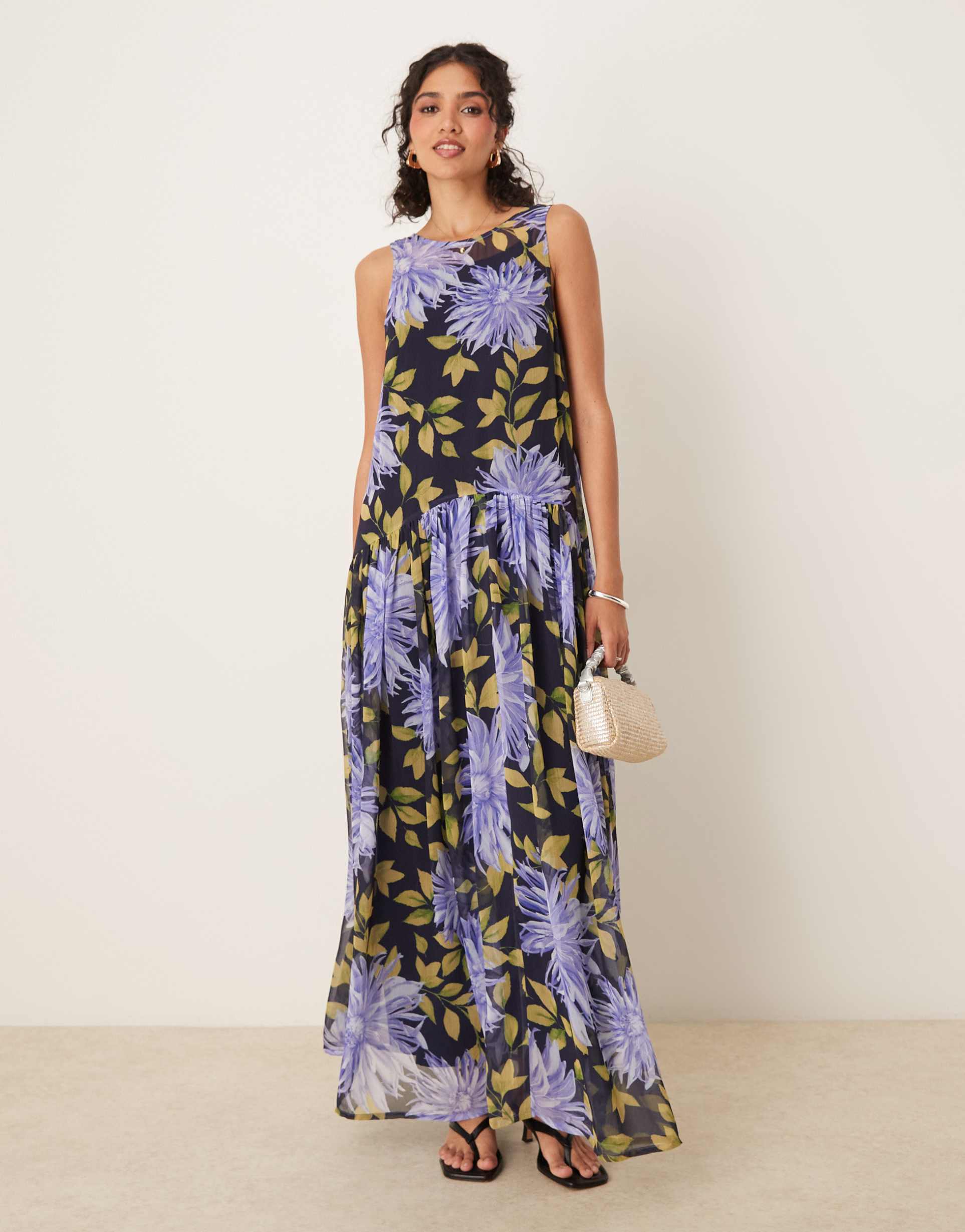 asos design blown up maxi dress with raised waist seam in floral print