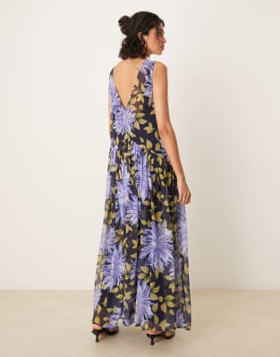 Asos Design Blown Up Maxi Dress With Raised Waist Seam In Multi