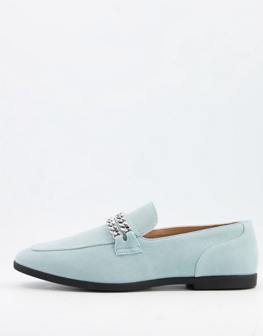 ASOS DESIGN blue faux suede loafer with double silver chain detail