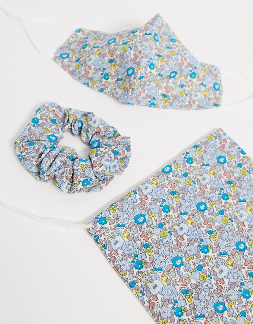 ASOS DESIGN blue floral face covering with pouch & scrunchie