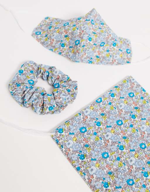 ASOS DESIGN blue floral face covering with pouch & scrunchie | ASOS