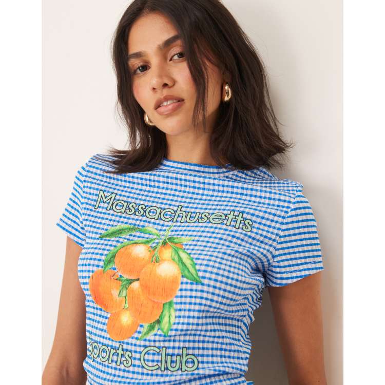 ASOS DESIGN blue gingham baby tee with orange graphic | ASOS
