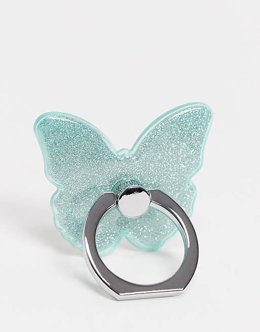 ASOS DESIGN blue glitter butterfly phone ring