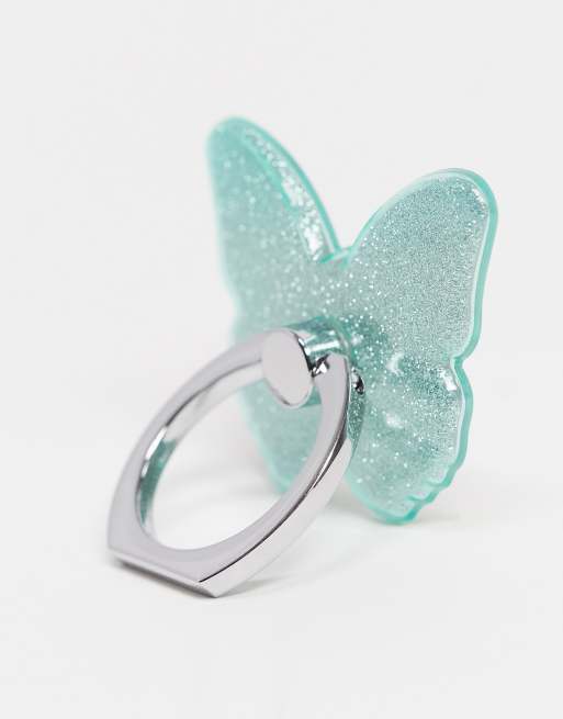 ASOS DESIGN blue glitter butterfly phone ring, 2 of 4