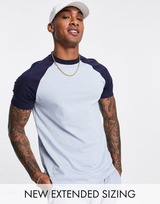 ASOS DESIGN blue raglan t shirt with contrast sleeves in navy