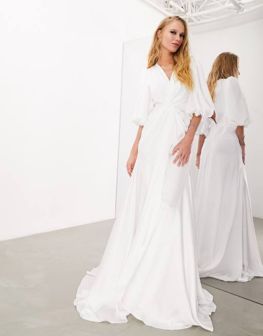 ASOS DESIGN Bluebell drape wrap satin wedding dress with blouson sleeve in ivory ASOS