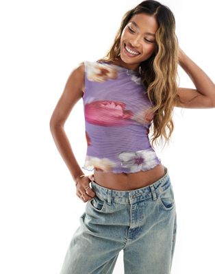 Asos Design Blurred Floral Mesh Boat Neck Top In Lilac-purple