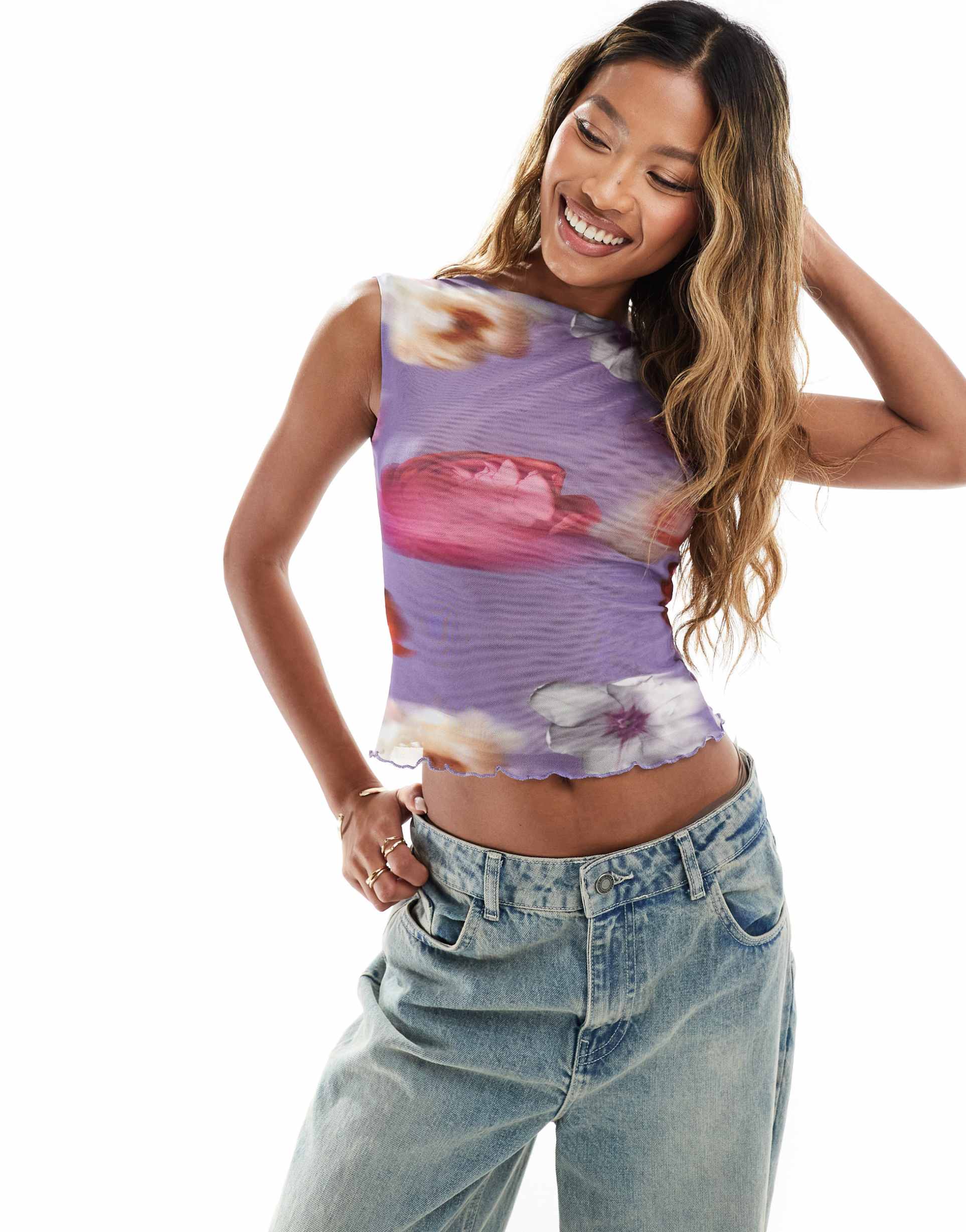 asos design blurred floral mesh boat neck top in lilac