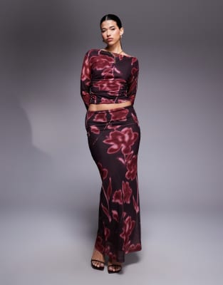 ASOS DESIGN blurred floral mesh low rise co ord maxi skirt in burgundy ...
