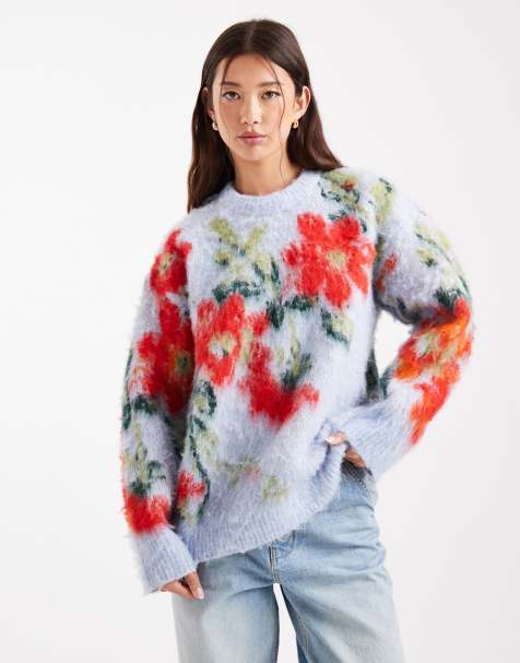 ASOS DESIGN blurred floral oversized crew neck jumper in blue - view 1