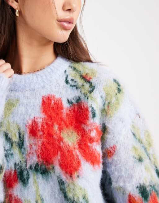 ASOS DESIGN blurred floral oversized crew neck sweater in blue