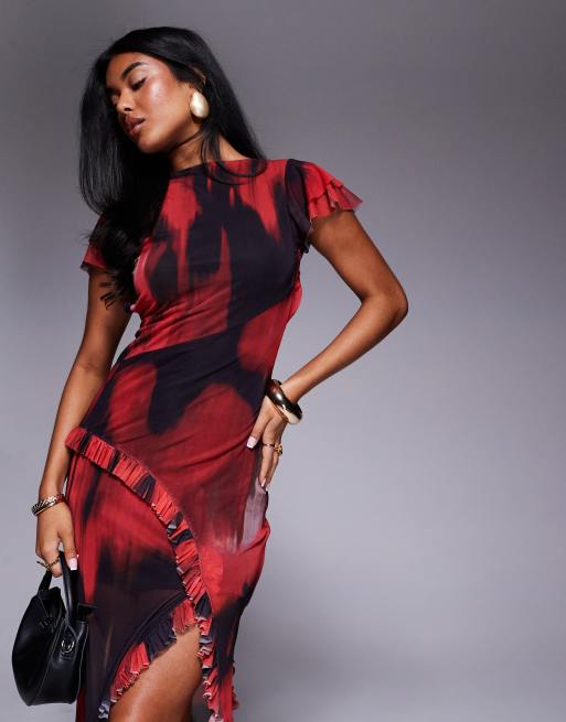 ASOS DESIGN – Blurrigt akvarellfärgad maxiklänning med rak halsringning, volangärmar och volang, 3 av 4