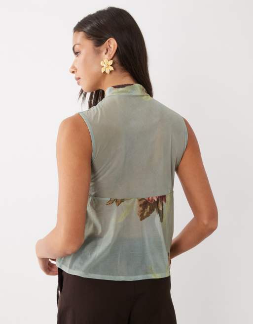 ASOS DESIGN blus i stretchchiffong med rosettdetalj och blått blommönster, 4 av 4