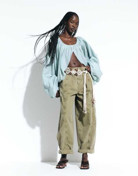ASOS DESIGN blus med volym och utskurna detaljer, lång ärm, i turkos - view 1