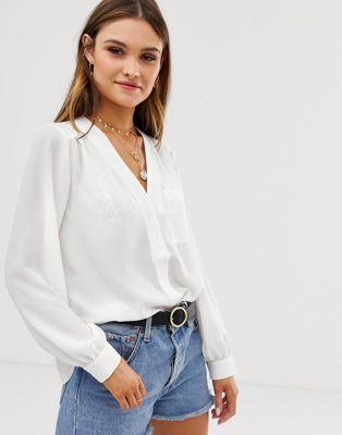 ASOS DESIGN long sleeve blouse with pocket detail in ivory - ASOS Price Checker