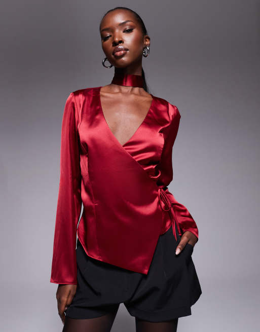 ASOS DESIGN - Blusa a portafoglio in raso con dettaglio stile sciarpa