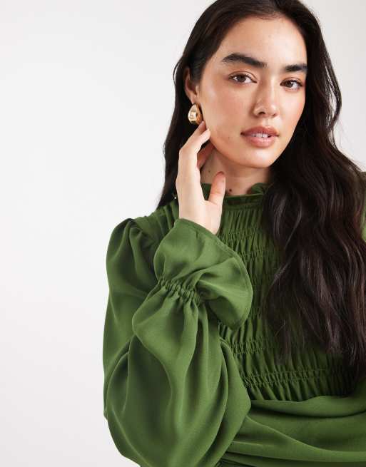 ASOS DESIGN - Blusa accollata a maniche lunghe verde scuro a punto smock, 3 di 4