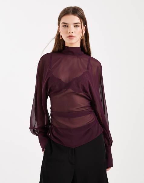 ASOS DESIGN - Blusa accollata color prugna con maniche ad ali di pipistrello - view 1