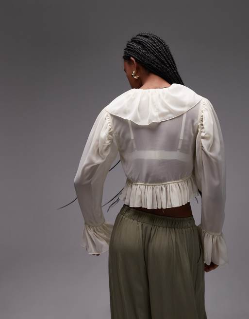 ASOS DESIGN - Blusa allacciata sul davanti in chiffon color écru con volant, 4 di 4