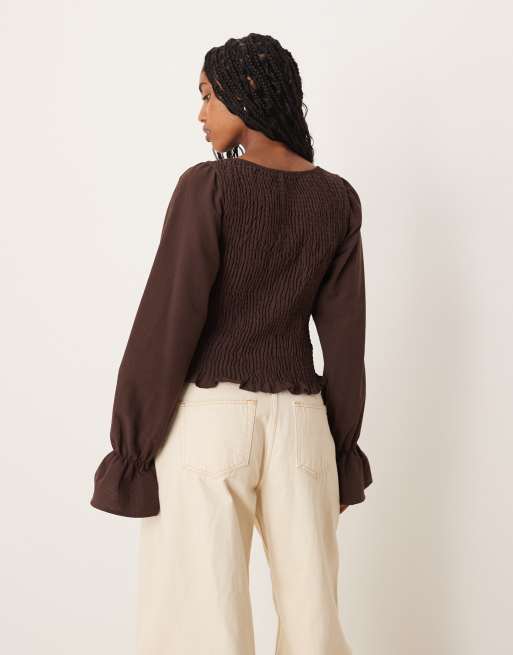 ASOS DESIGN - Blusa arricciata color cioccolato in misto lino, 3 di 4
